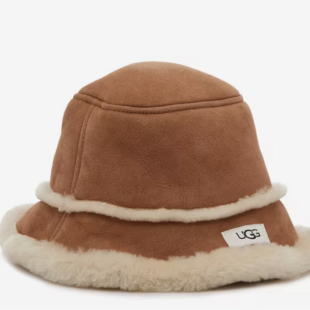 UGG Tan Sheepskin Bucket Hat with Sherling Lining and Trim